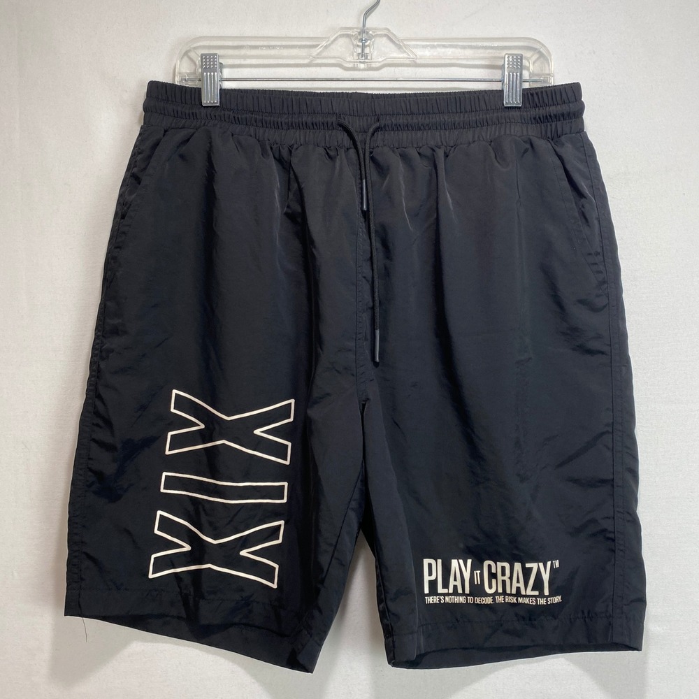 Play It Crazy XIX Graphic Athletic Shorts Mens Large Black Nylon Mesh Lined Gym